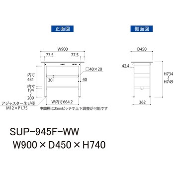 軽量作業台/耐荷重150kg_中間棚付固定式H740_ワークテーブル150シリーズ 山金工業