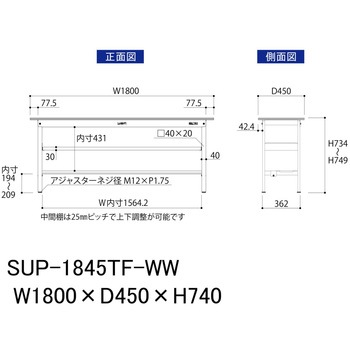軽量作業台/耐荷重150kg_中間棚付固定式H740_半面棚板付_ワークテーブル150シリーズ 山金工業