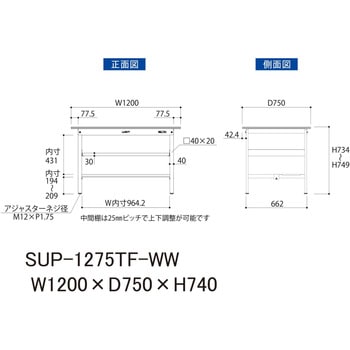 軽量作業台/耐荷重150kg_中間棚付固定式H740_半面棚板付_ワークテーブル150シリーズ 山金工業