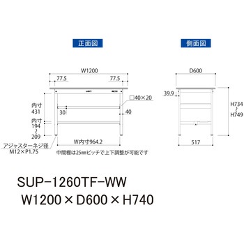 軽量作業台/耐荷重150kg_中間棚付固定式H740_半面棚板付_ワークテーブル150シリーズ 山金工業
