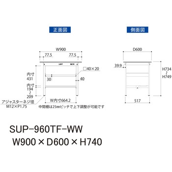 軽量作業台/耐荷重150kg_中間棚付固定式H740_半面棚板付_ワークテーブル150シリーズ 山金工業