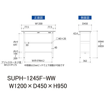 軽量作業台/耐荷重150kg_中間棚付固定式H950_ワークテーブル150シリーズ 山金工業