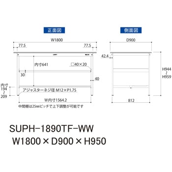軽量作業台/耐荷重150kg_中間棚付固定式H950_半面棚板付_ワークテーブル150シリーズ 山金工業