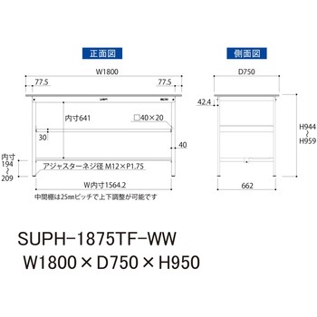 軽量作業台/耐荷重150kg_中間棚付固定式H950_半面棚板付_ワークテーブル150シリーズ 山金工業