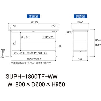 軽量作業台/耐荷重150kg_中間棚付固定式H950_半面棚板付_ワークテーブル150シリーズ 山金工業