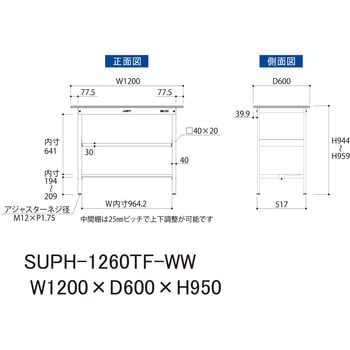軽量作業台/耐荷重150kg_中間棚付固定式H950_半面棚板付_ワークテーブル150シリーズ 山金工業