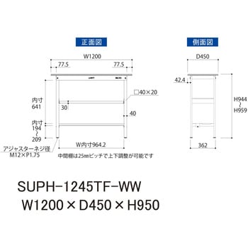 軽量作業台/耐荷重150kg_中間棚付固定式H950_半面棚板付_ワークテーブル150シリーズ 山金工業