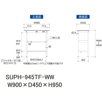 軽量作業台/耐荷重150kg_中間棚付固定式H950_半面棚板付_ワークテーブル150シリーズ 山金工業