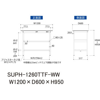 軽量作業台/耐荷重150kg_中間棚付固定式H950_全面棚板付_ワークテーブル150シリーズ 山金工業