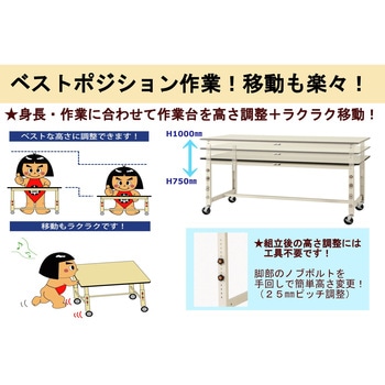 軽量作業台/耐荷重160kg_高さ調整移動式H750～1000_ポリエステル天板_ワークテーブル300シリーズ 山金工業