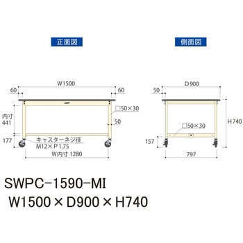 軽量作業台/耐荷重160kg_移動式H740_ポリエステル天板_ワークテーブル300シリーズ 山金工業
