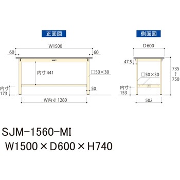 中量作業台/耐荷重500kg_固定式H740_メラミン天板_ワークテーブル500シリーズ 山金工業