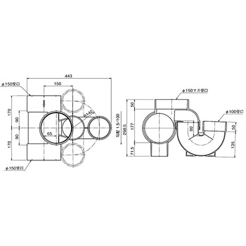 SD-E UT(右) Φ100受口トラップ付合流マス Aron(アロン化成) 勾配1.5/100 本管口径150mm