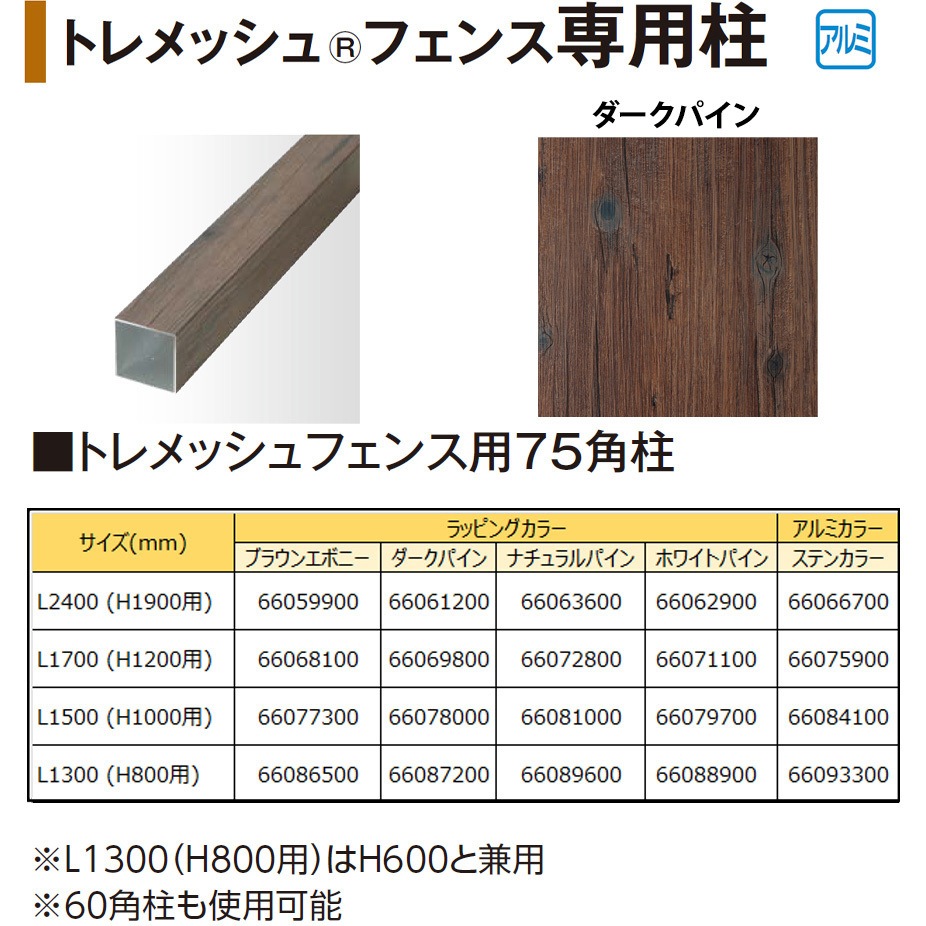 トレメッシュフェンス用75角柱 L13(H08用) タカショー ダークパイン色