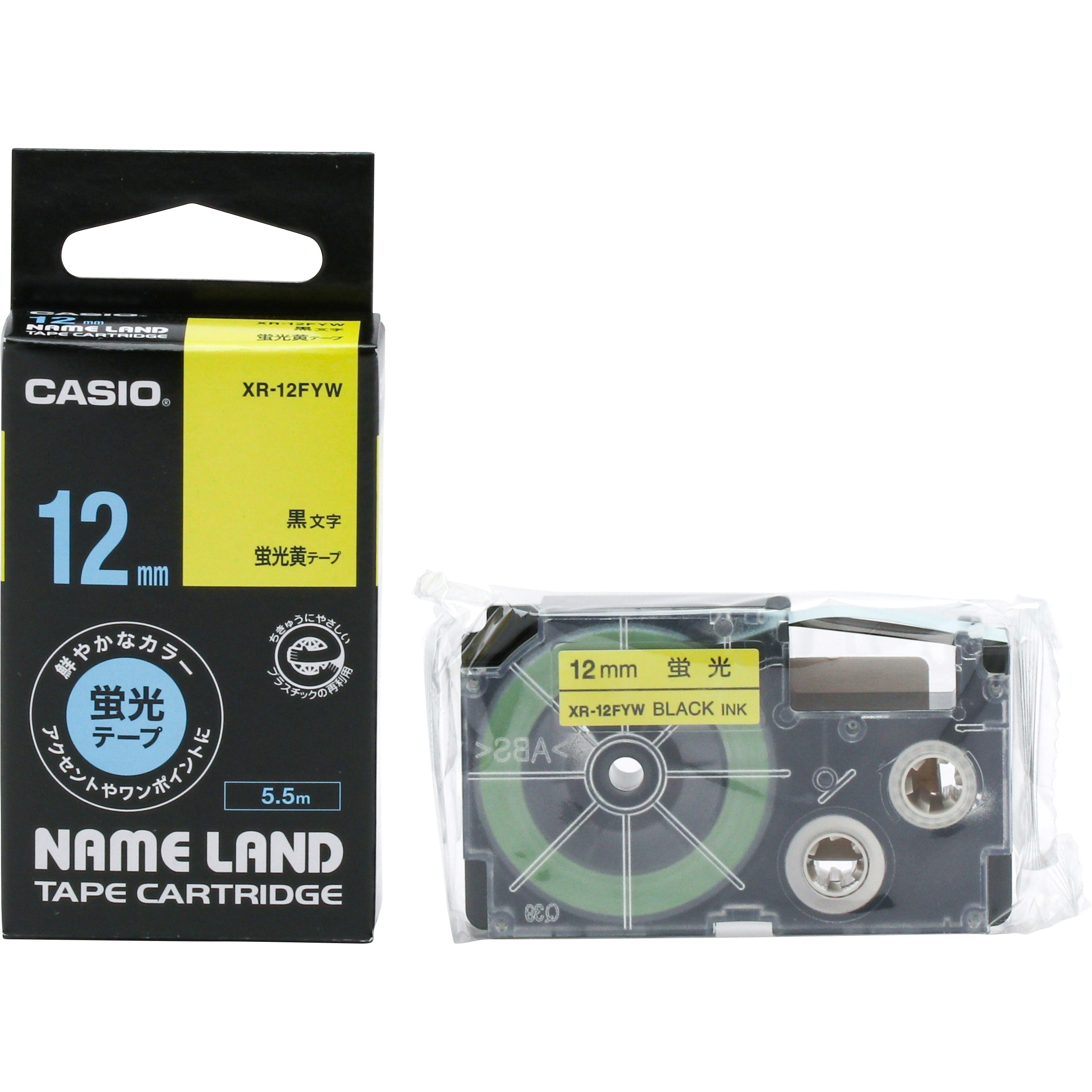 まとめ）カシオ CASIO 蛍光テープ XR-12FPK 桃に黒文字 12mm〔×5セット〕