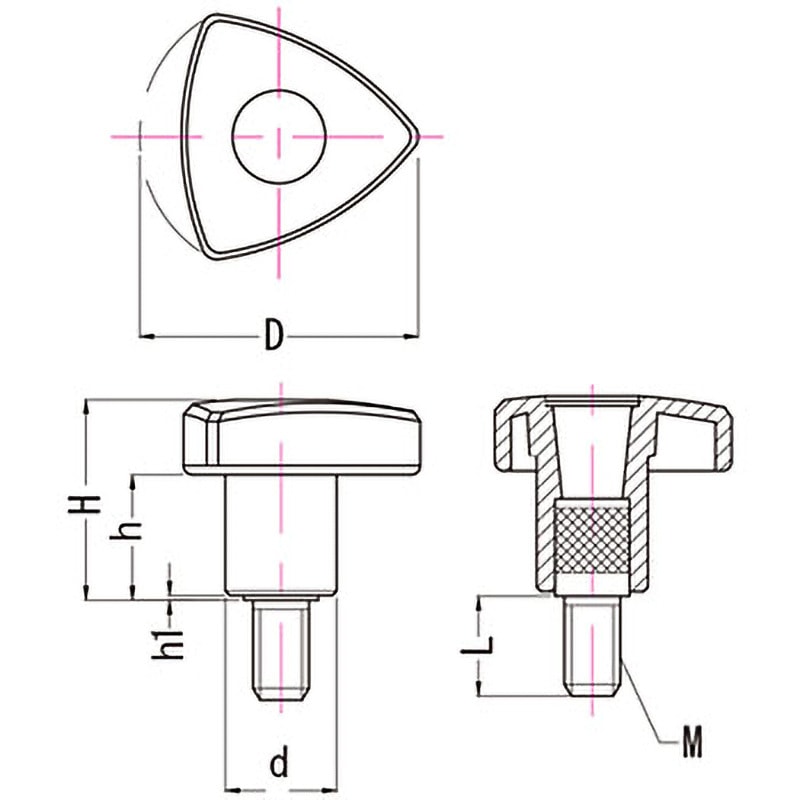 TS-50×30 スリーロブノブ(おねじ) TS MIYOSHI(小西製作所) 呼びM10取付