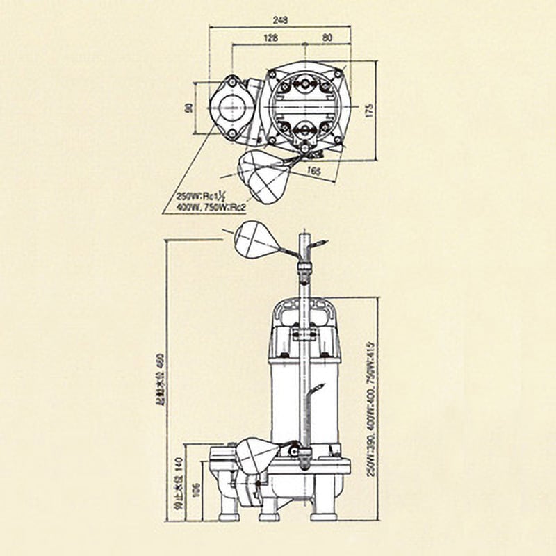 PXA-250 汚物用水中ポンプ 自動 寺田ポンプ製作所 ボルテックス 単相100V 吐出量40/170L/min 吐出口径40mm PXA-250  - 【通販モノタロウ】