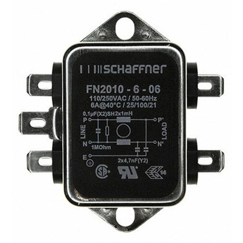 FN2010-6-06 Schaffner EMIフィルタ 単相 6A シャーシーマウント 4.7nF 1 mH 0.74 mA Single Stage 1.7W 1MΩ SCHAFFNER 1箱(60個) FN2010-6-06