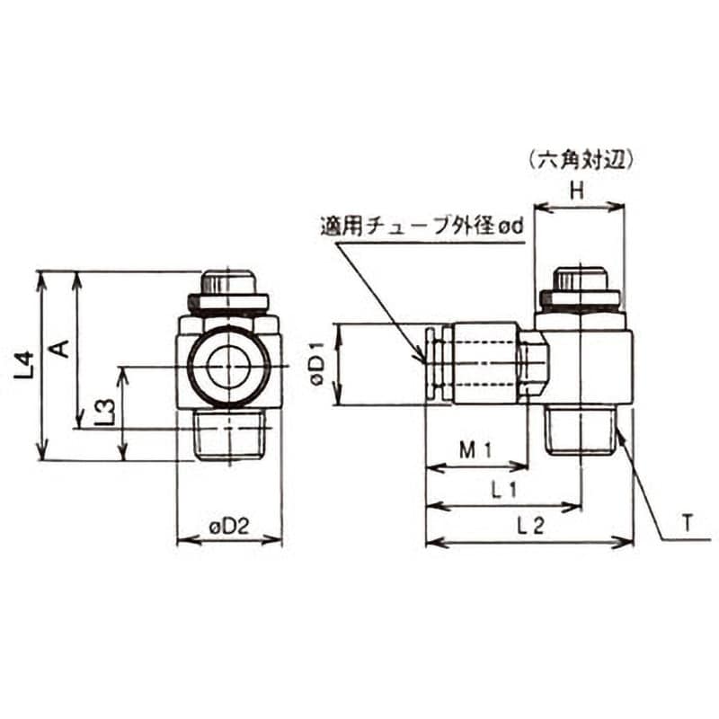 標準タイプスピードコントローラ金属エルボタイプ (AS320～) メータアウト ワンタッチ管継手内蔵 シール付 適合チューブ外径8mm管接続口径R3/8