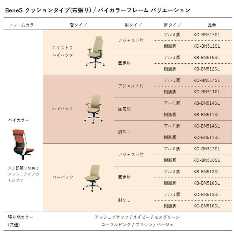 KB-BN513SL BR BeneS クッションタイプ 布張り バイカラーフレーム ローバック プラス(家具) ナイロン双輪キャスター 固定肘 ブラウン色   KB-BN513SL BR