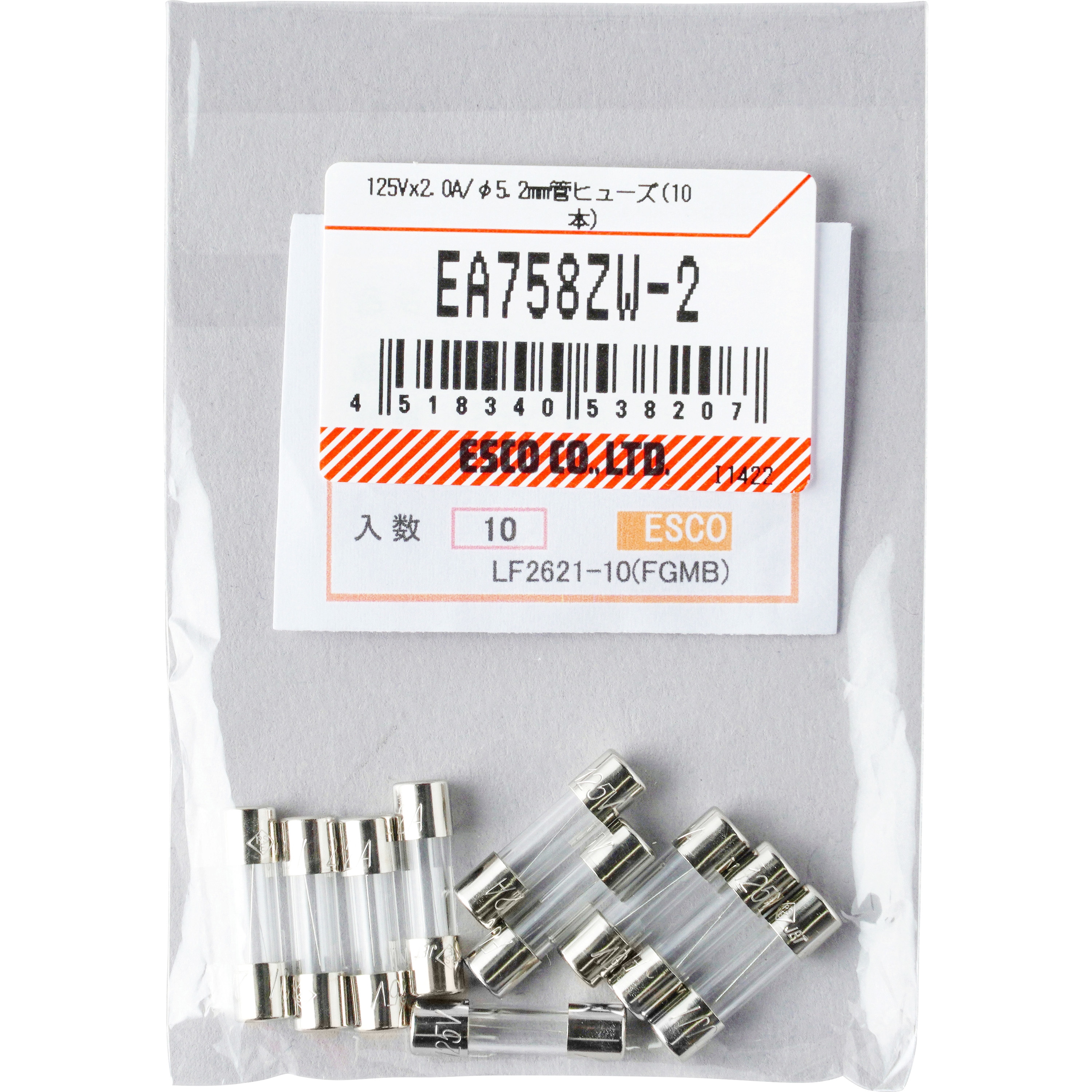 えれかの様②専用商品 EA758ZW-2 125V 管ヒューズ(Φ5.2×20mm) 1セット(10本) エスコ