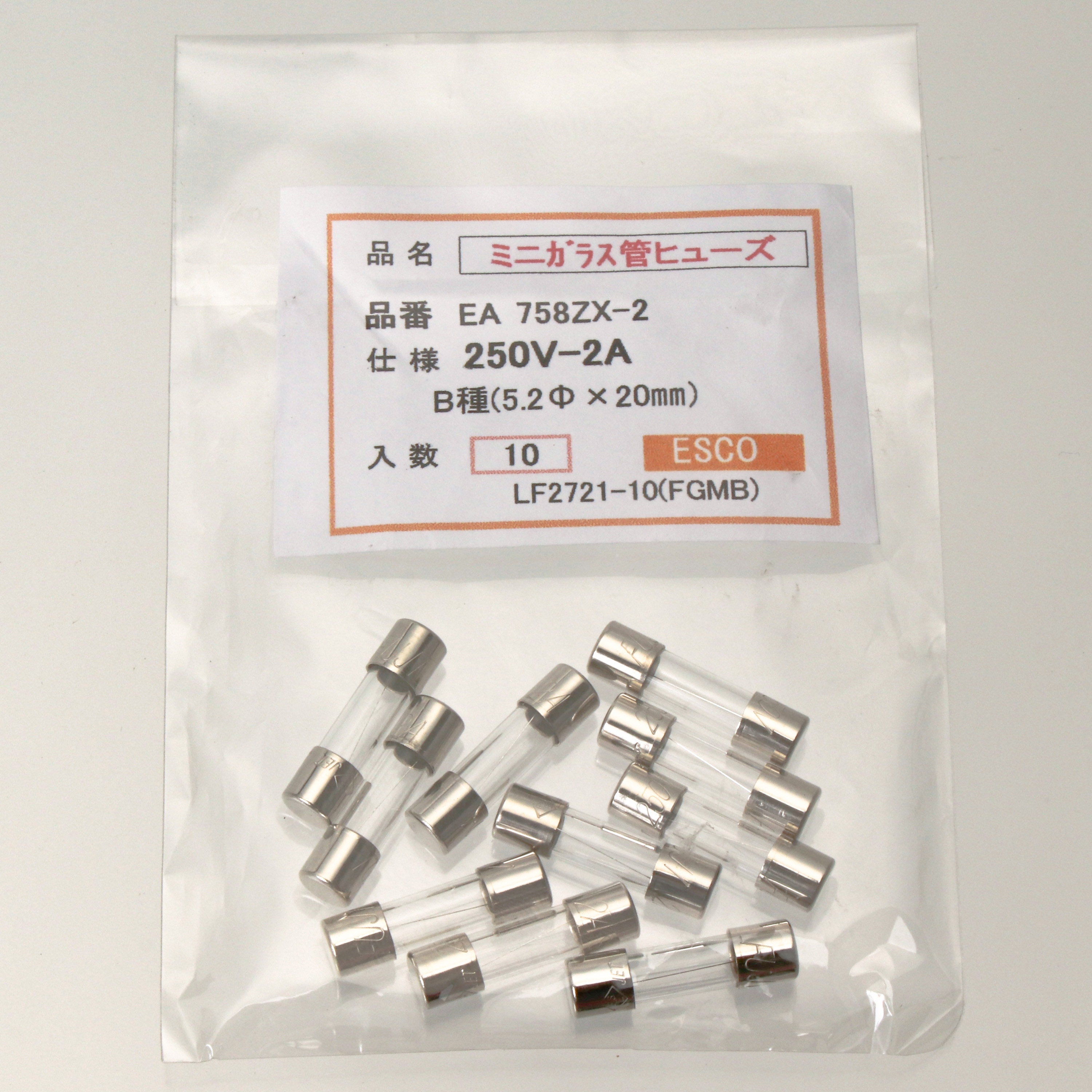 EA758ZX-2 250V 管ヒューズ(Φ5.2×20mm) 1セット(10本) エスコ 【通販 