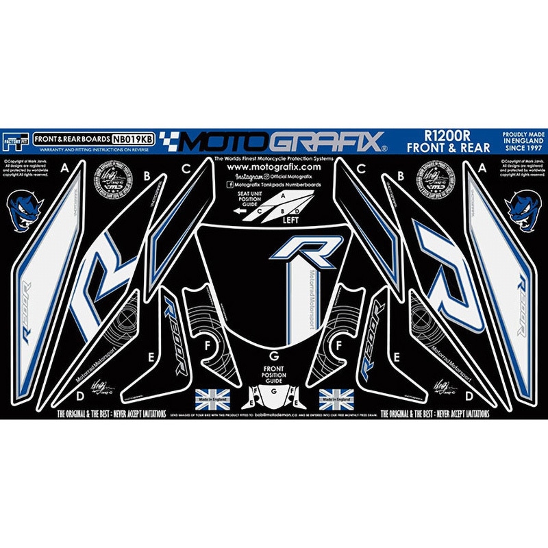 NB019KB FRONT BODY PAD MOTO GRAFIX (モトグラフィックス) 適合車種BMW R1200R(15-18) Black with White， Blue&Metallic Silver色   NB019KB