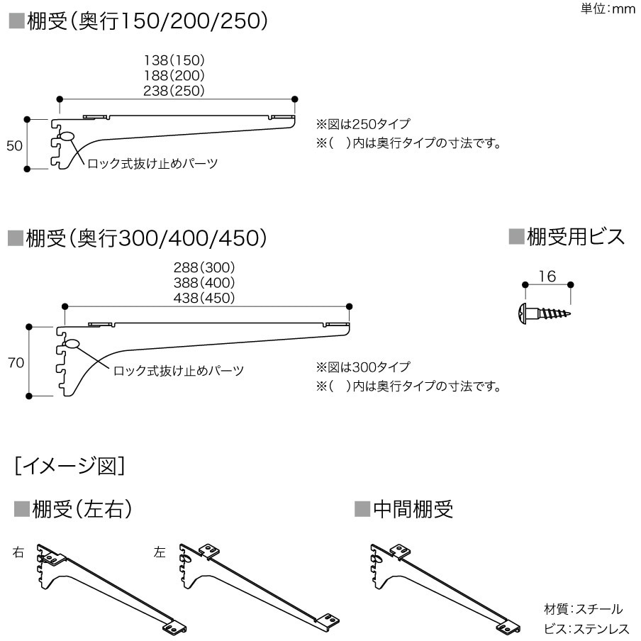 SS-MD45W アームハング棚柱SS 棚受(木質棚板用) 1セット(2本