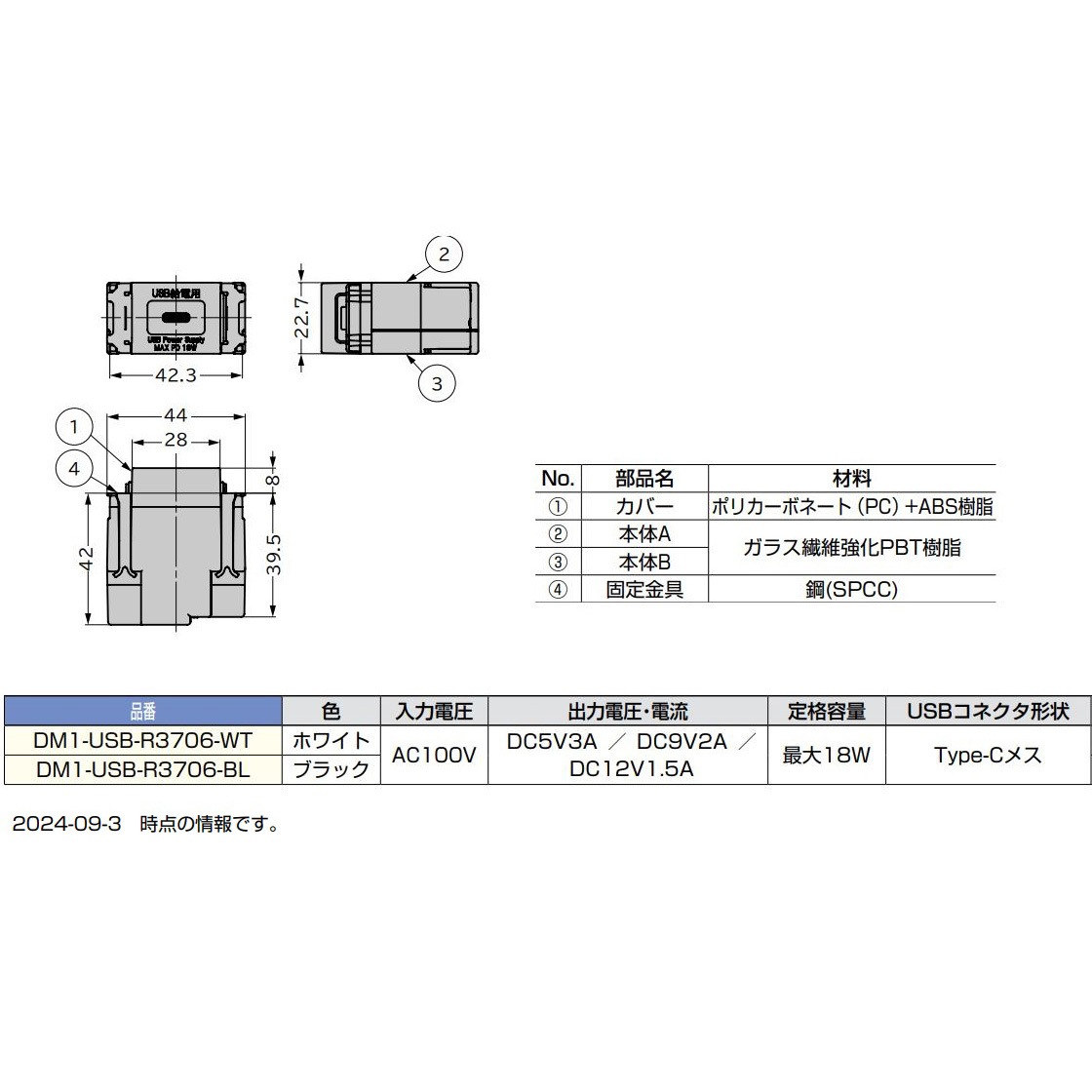 DM1-USB-R3706-BL 埋込充電用USBコンセント 1個 LAMP(スガツネ工業