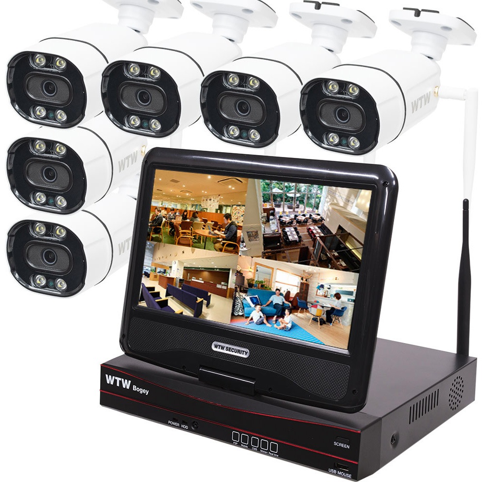 WTW-EG2081LGX-8TB+WTW-E2319SFWXx6 WTW塚本無線 Wi-Fi無線式 モニター付10ch録画装置+300万画素防犯カメラ4～8台セット HDD1～8TB 塚本無線 バレット(砲弾)型 接続台数6台 モニターサイズ10.1インチ