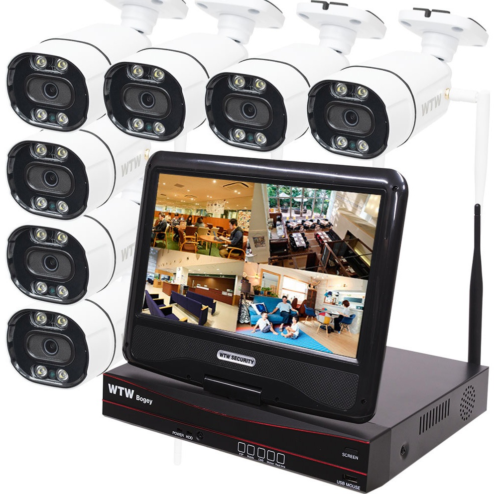 WTW-EG2081LGX-2TB+WTW-E2319SFWXx7 WTW塚本無線 Wi-Fi無線式 モニター付10ch録画装置+300万画素防犯カメラ4～8台セット HDD1～8TB 塚本無線 バレット(砲弾)型 接続台数7台 HDD:2TB モニターサイズ10.1インチ