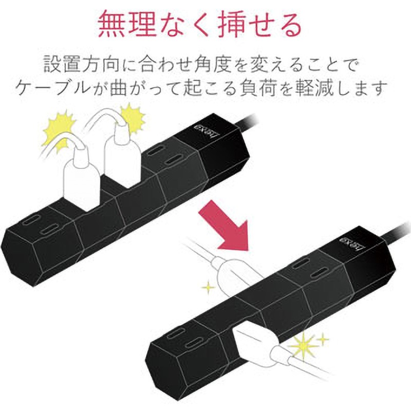 T-HX7-2410BK 電源タップ 回転式 2P×4個口 L字プラグ hexa T-HX7-2410BK 電源タップ 回転式 2P×4個口 L字プラグ hexa