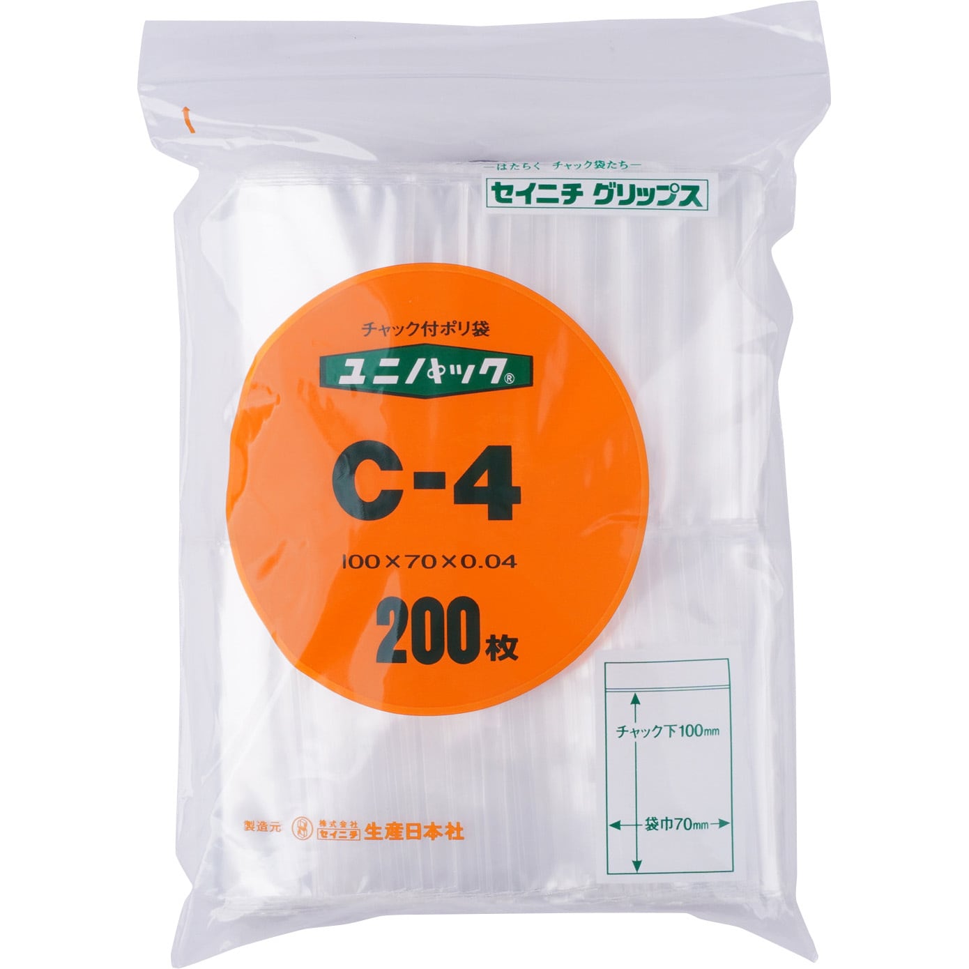 C 4 ユニパック チャック付ポリ袋 0 04mm セイニチ 生産日本社 寸法 幅 チャック下 70 100 Mm 仕様 スタンダードタイプ C 4 1パック 0枚 通販モノタロウ 0587