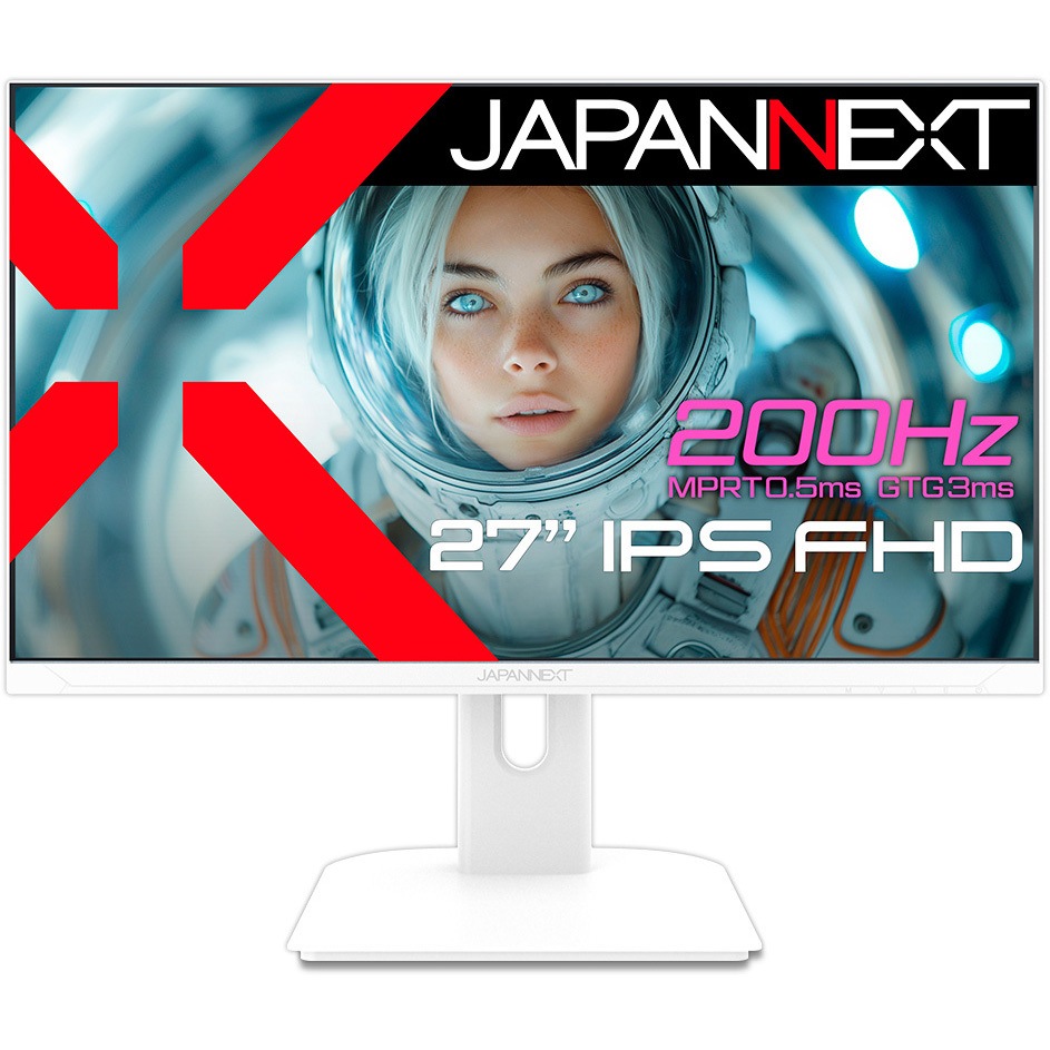 JN-IPS27G200F-W ゲーミング液晶ディスプレイ 27型/1920×1080/HDMI×2、DP×1/ホワイト/スピーカー有/2年保証 JAPANNEXT IPS(HIS)パネル リフレッシュレート200Hz 非光沢