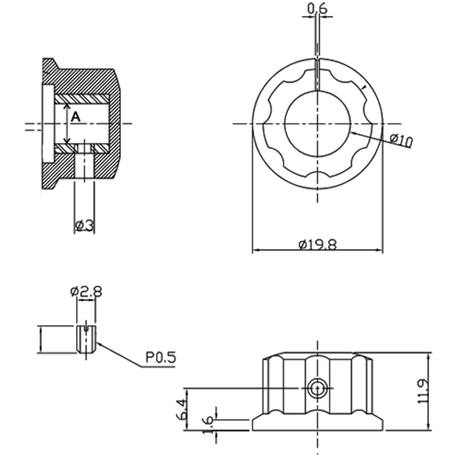 WTN-15-1185/6.1 Φ6軸用ツマミ 共立電子産業 シルバー/黒色 1個 【通販