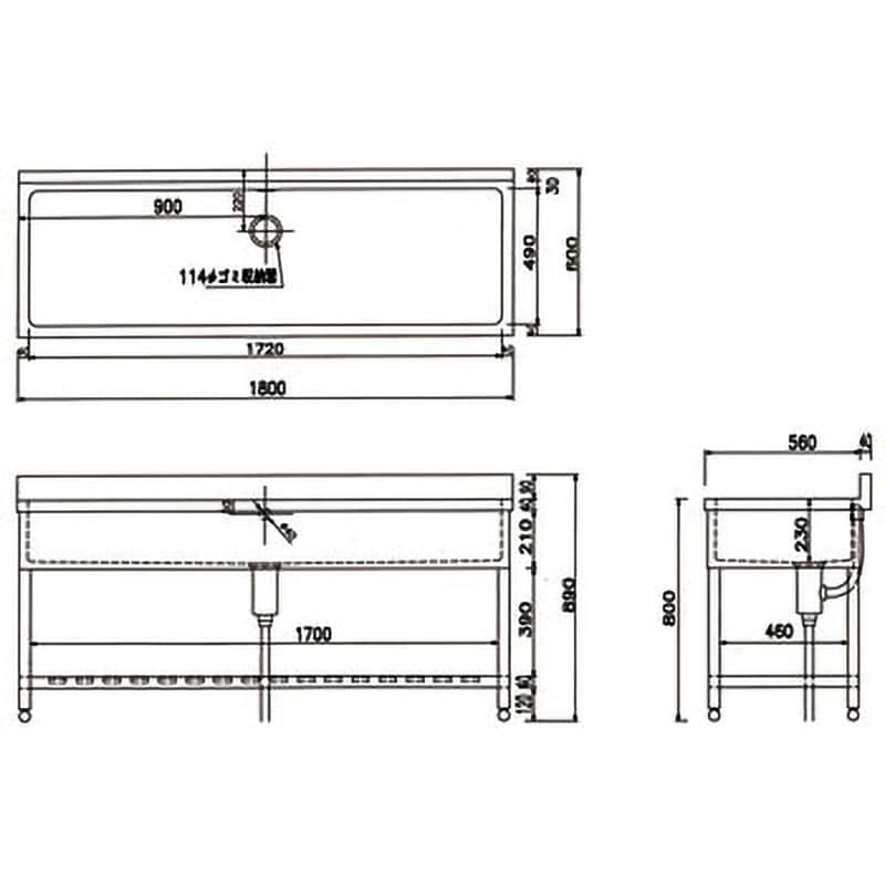 HP1-1800 一槽シンク(SUS430) 東製作所 奥行600mm間口1800mm高さ
