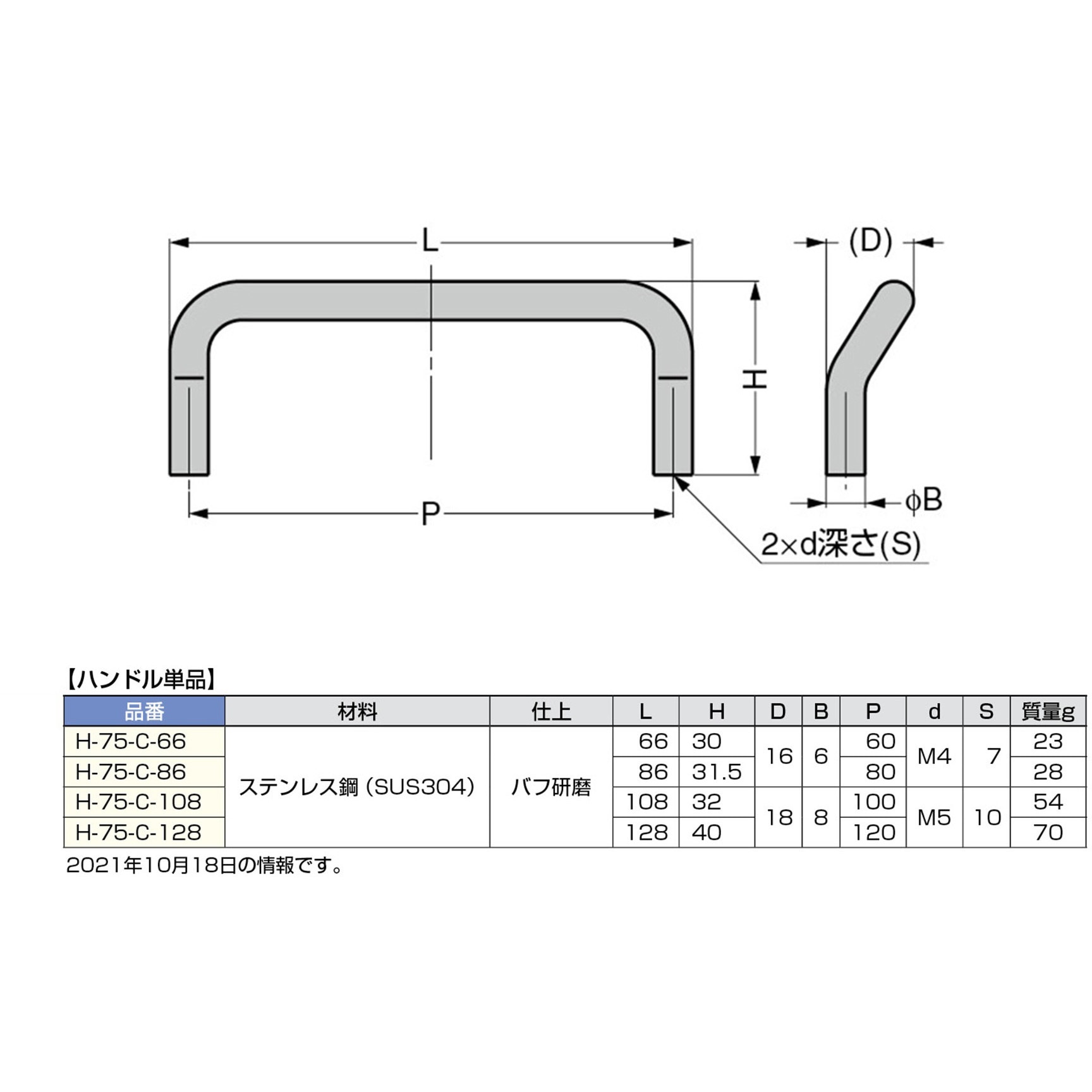 H-75-C-86 ステンレス鋼製 丸棒取手 LAMP(スガツネ工業) バレル