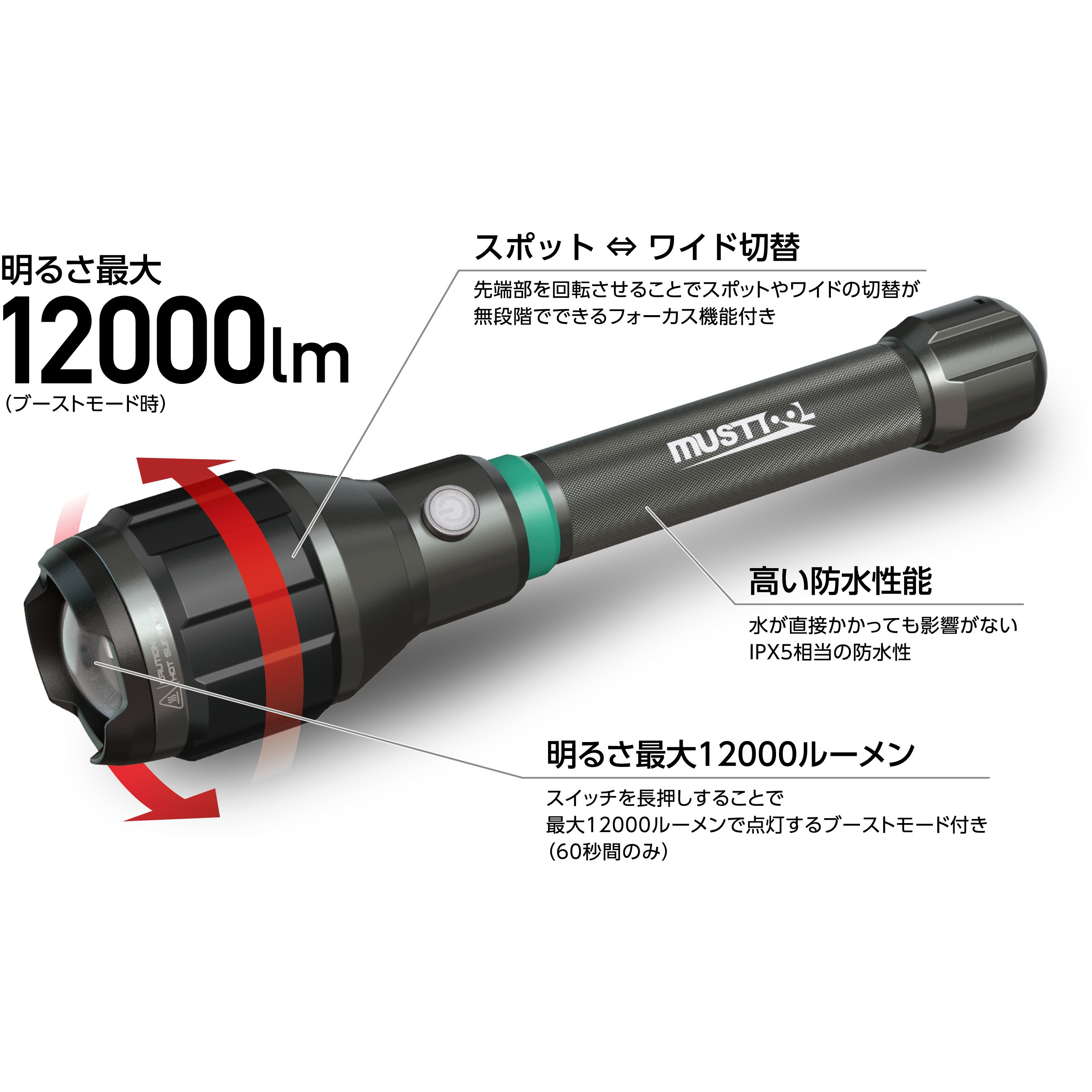 87265 充電式フラッシュライト 12000LM MUSTTOOL 保護等級IPX5