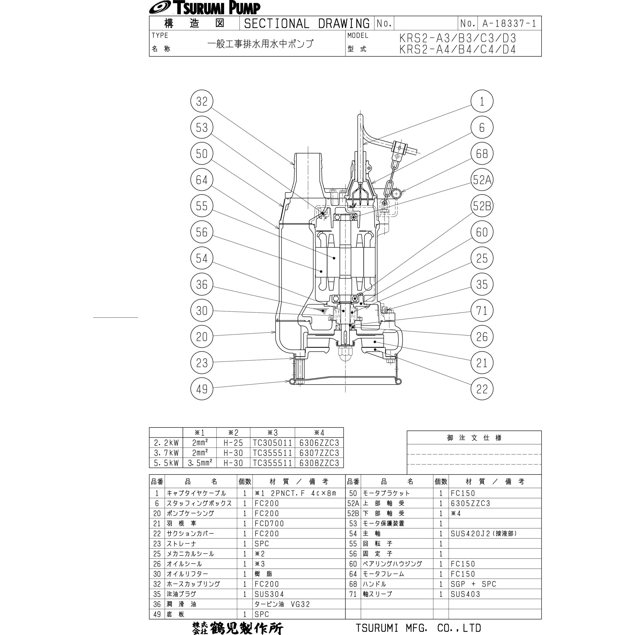 KRS2-A4 一般工事排水用水中ポンプ KRS型 1台 鶴見製作所 【通販モノタロウ】