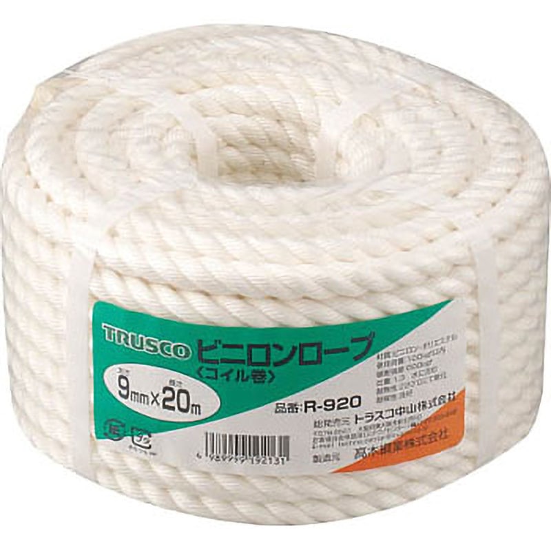 R-920 ビニロンロープ TRUSCO 白色 種類3ツ打 バンド掛巻 太さ9mm長さ