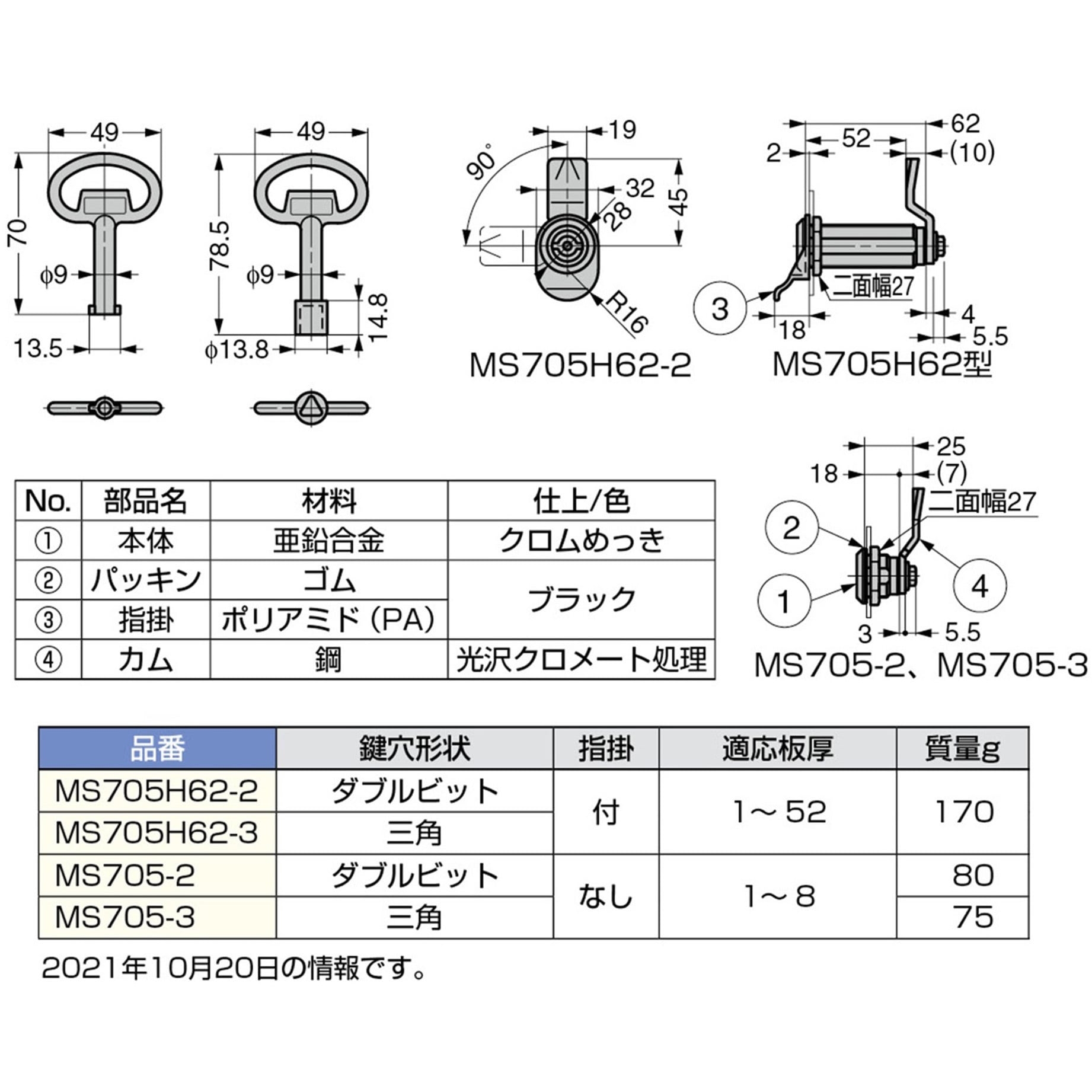 MS705-3 点検ロック MS705型 LAMP(スガツネ工業) 指掛なし 適合板厚1