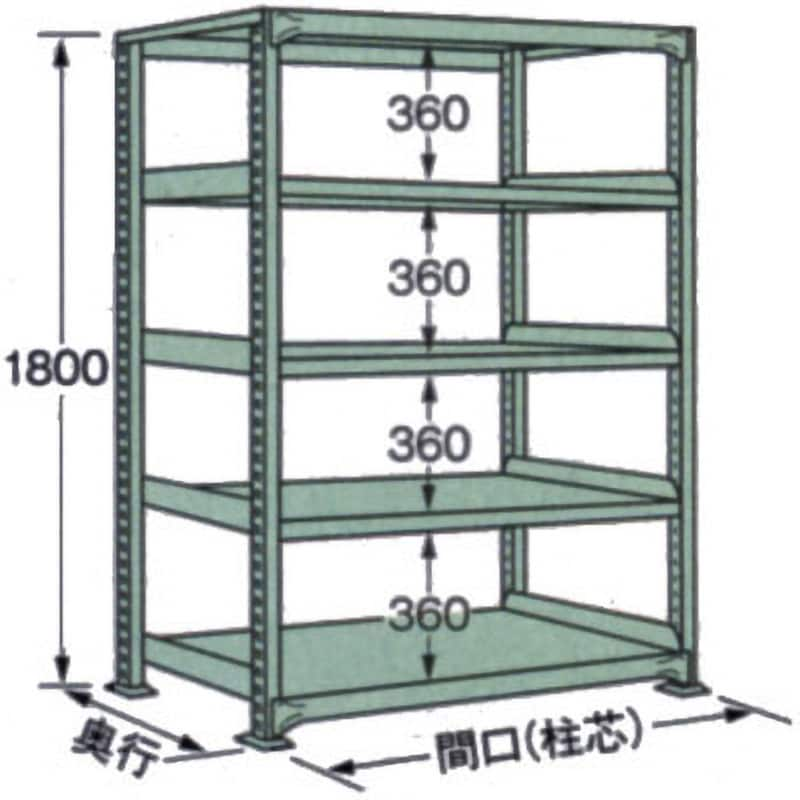 中量棚(グリーン) NL型300kg 単体タイプ 荷重(kg):2000(棚1連当り) 5段 奥行600mm高さ1800mm NL-1745