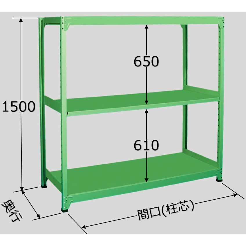 ML1512M03T 中量ラック 250kg MLタイプ 扶桑金属工業 グリーン色 スチール 荷重(kg):1250/棚1間口当り 高さ1500mm奥行450mm  ML1512M03T