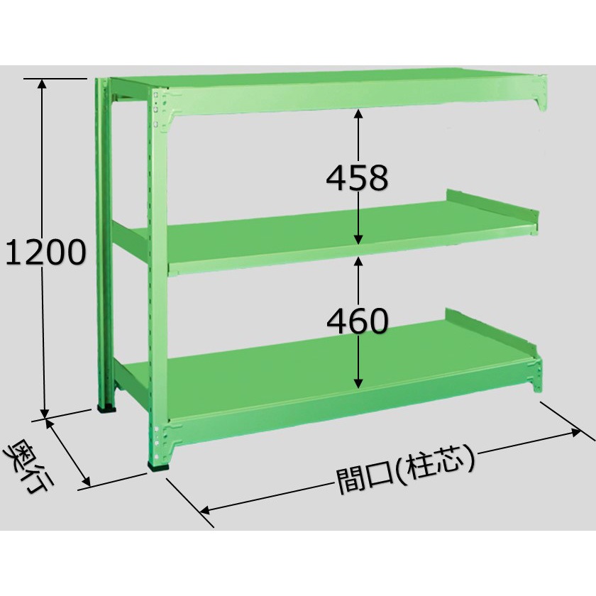 MM1209M03R 中量ラック 500kg MMタイプ 扶桑金属工業 グリーン色 3段 高さ1200mm  MM1209M03R