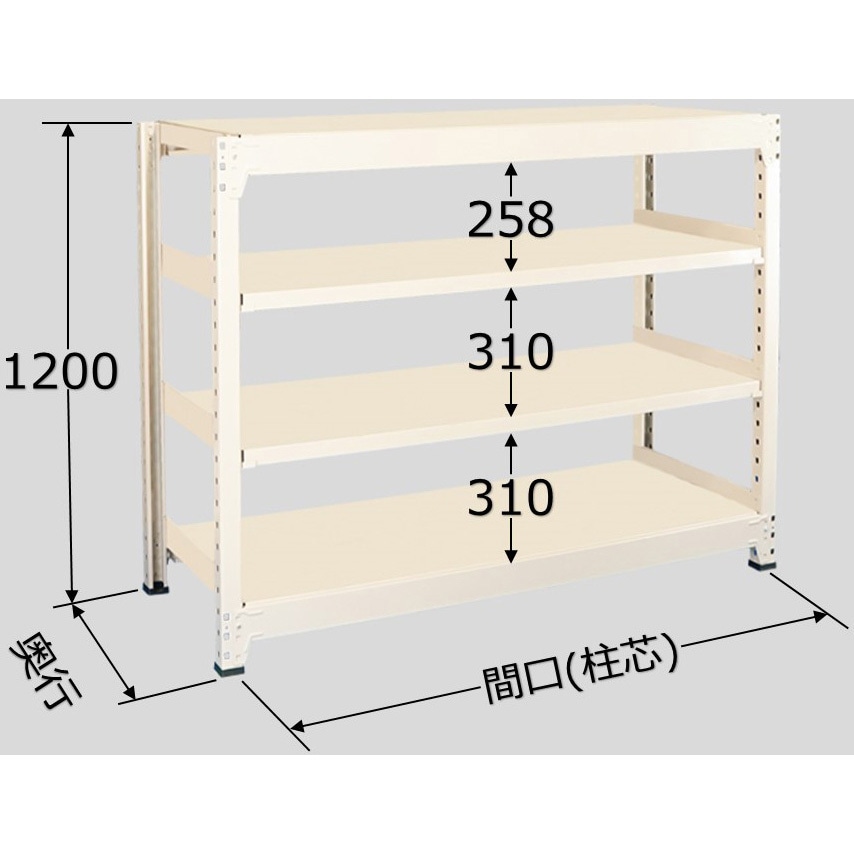 中量ラック アイボリー 4段 連結 荷重200kg/段 1500×1190×450mm 扶桑金属工業 WE1512M04R (65-1717-11) 軽中量ラック 耐荷重200kgタイプ 連結 間口1800×奥行600×高さ1200mm 4
