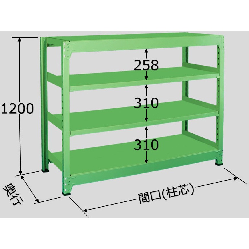 MM1209M04T 中量ラック 500kg MMタイプ 扶桑金属工業 グリーン色 荷重(kg):2000/棚1間口当り 4段 高さ1200mm奥行450mm  MM1209M04T