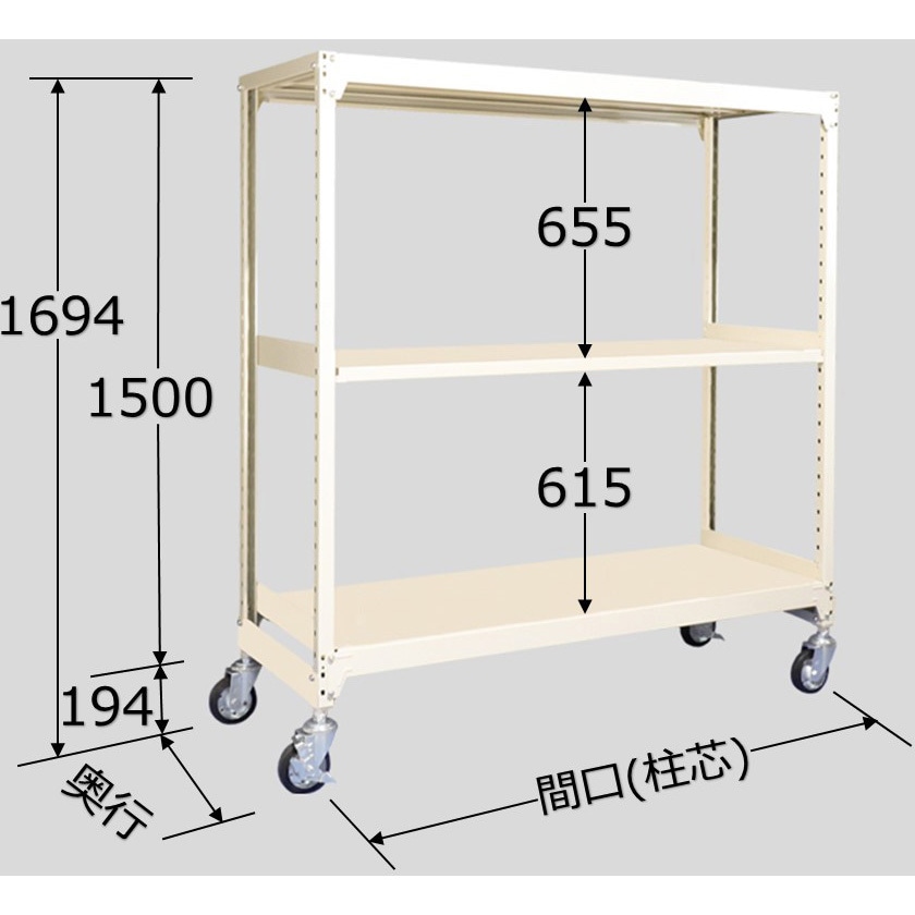 WMKS1509M03U 中量キャスターラック 40支柱タイプ WMKSタイプ 扶桑金属工業 棚段数:天地3段 均等耐荷重150kg/段 幅890mm
