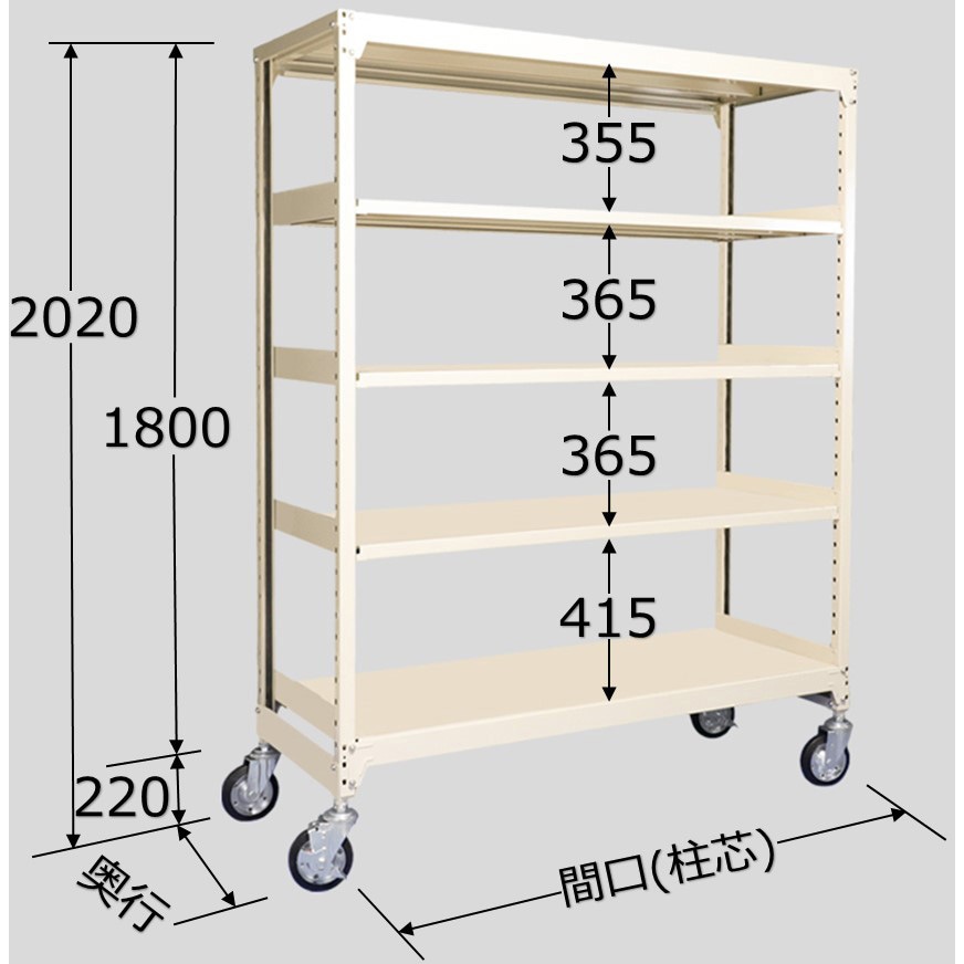 中量キャスターラック 40支柱タイプ WMKSタイプ 棚段数:天地5段 均等耐荷重120kg/段 幅1790mm奥行600mm高さ1800mm