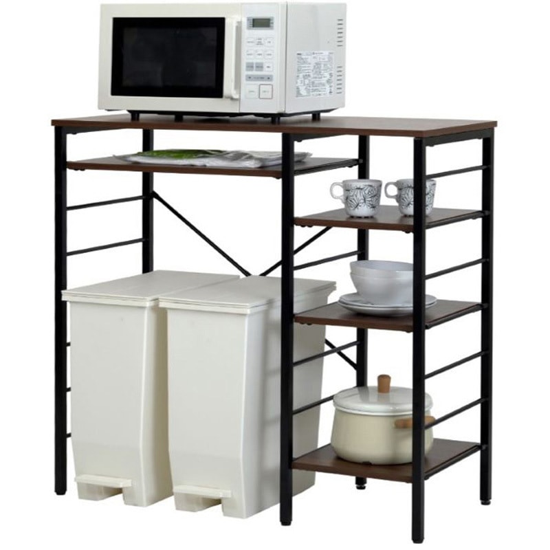 【幅90㎝】キッチンラック レンジラック ゴミ箱 【ブラック×ブラウン】 ホームテイスト ゴミ箱上ラック 幅90 食器棚 おしゃれ ブラウン