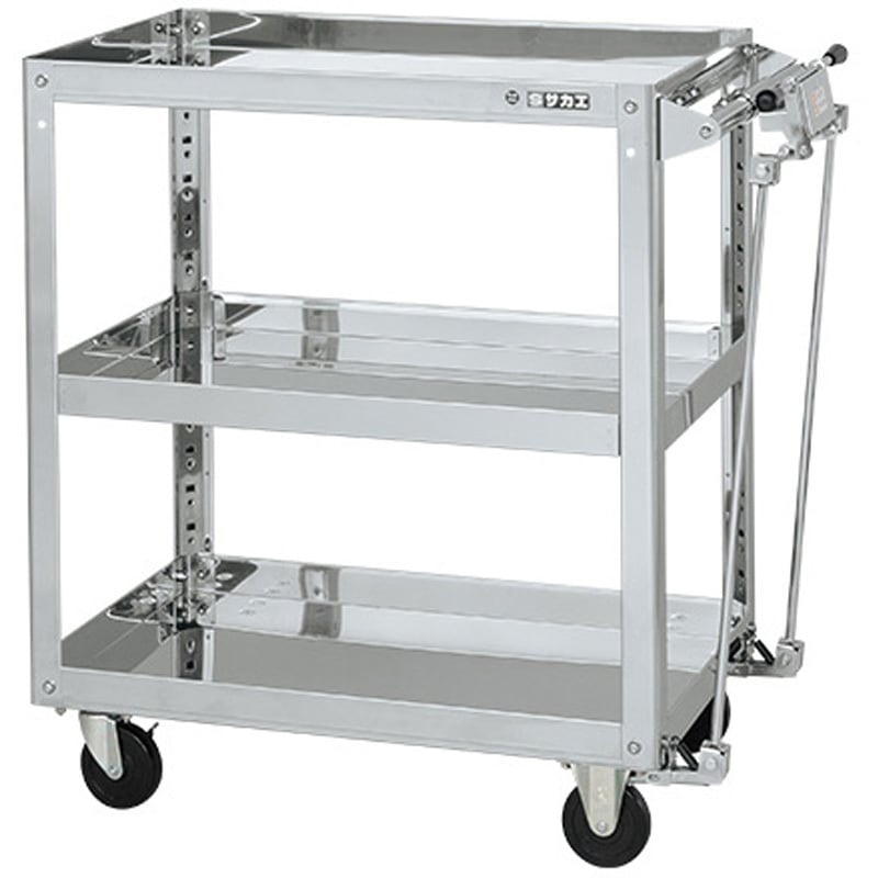 SAP3-6083HBDC ステンレススーパーワゴン(SUS304/ハンドブレーキ付/プレート式キャスター) サカエ 導電性ゴム車 間口600mm奥行400mm高さ880mm  SAP3-6083HBDC 60,390円